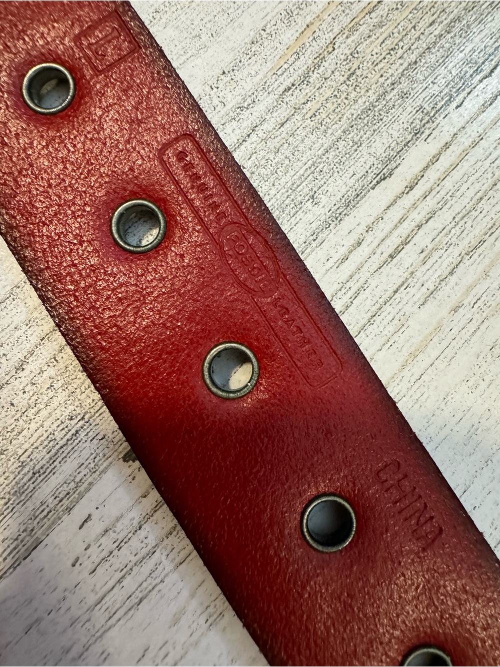 Fossil Vintage Leather Red Grommets Silvertone Customizable Brass Buckle Belt L - Picture 5 of 11